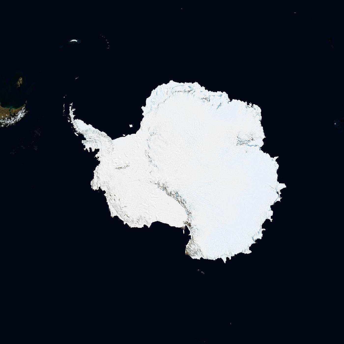 Antarctica seen from space, centred on the South Pole.